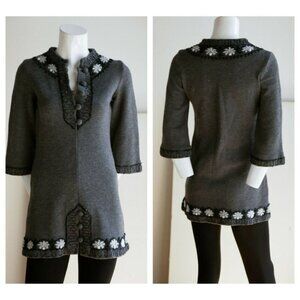 Vintage A line Wool Knit Beaded Floral Tunic  or Mini Dress XS/S